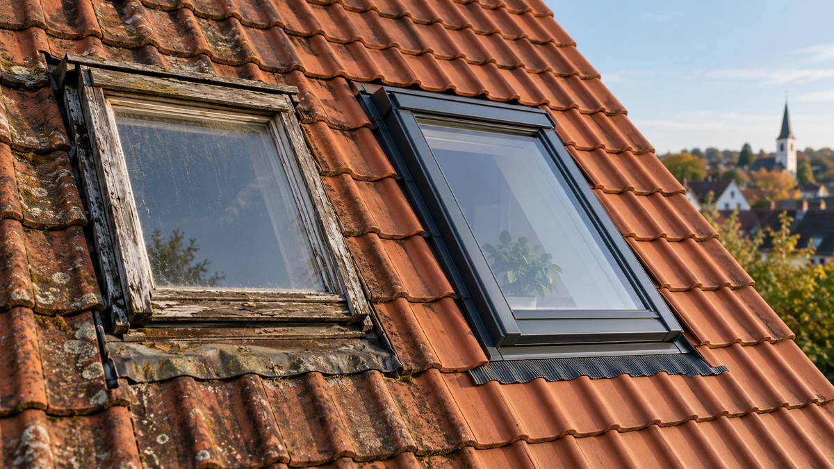 Altes verwittertes Dachfenster neben einem neuen modernen Dachfenster auf einem Ziegeldach
