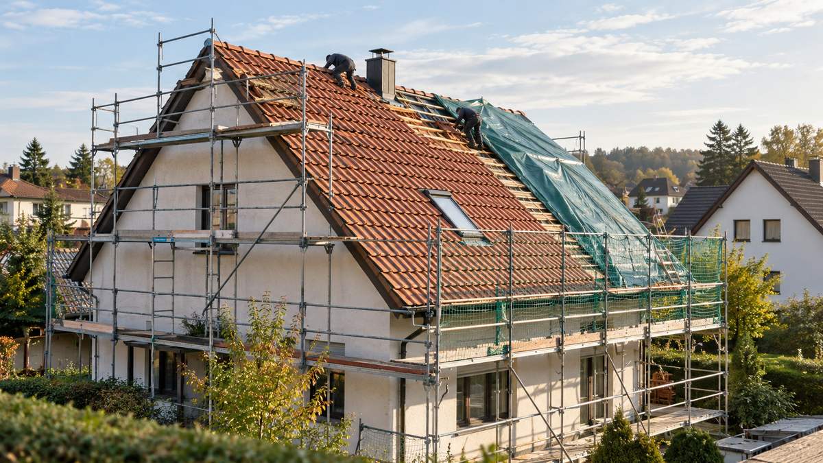Baustelle einer Dachsanierung mit Gerüst, neuen Ziegeln und Schutzplane am Tag