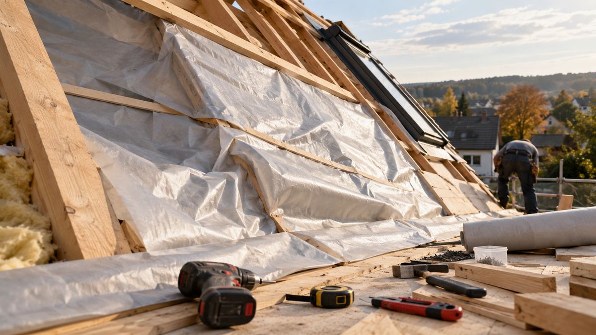 Fehlerhaft verlegte Dampfsperrfolie mit Falten und Lücken auf einer offenen Dachbaustelle
