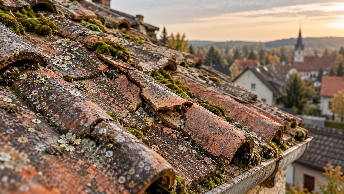Verwitterte Dachziegel mit Rissen und Moosbewuchs als Zeichen für Sanierungsbedarf