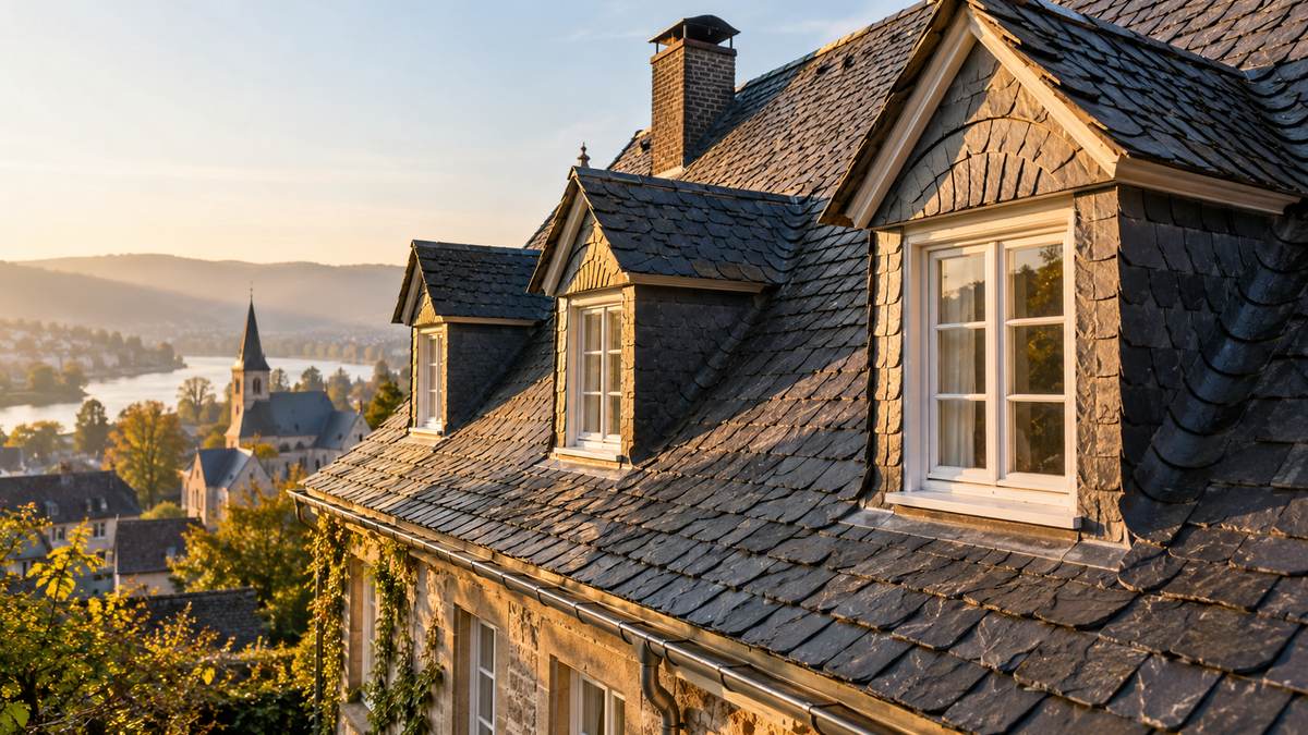 Historisches Schieferdach eines Altbaus mit Gauben und originalen Ziegeln im Morgenlicht