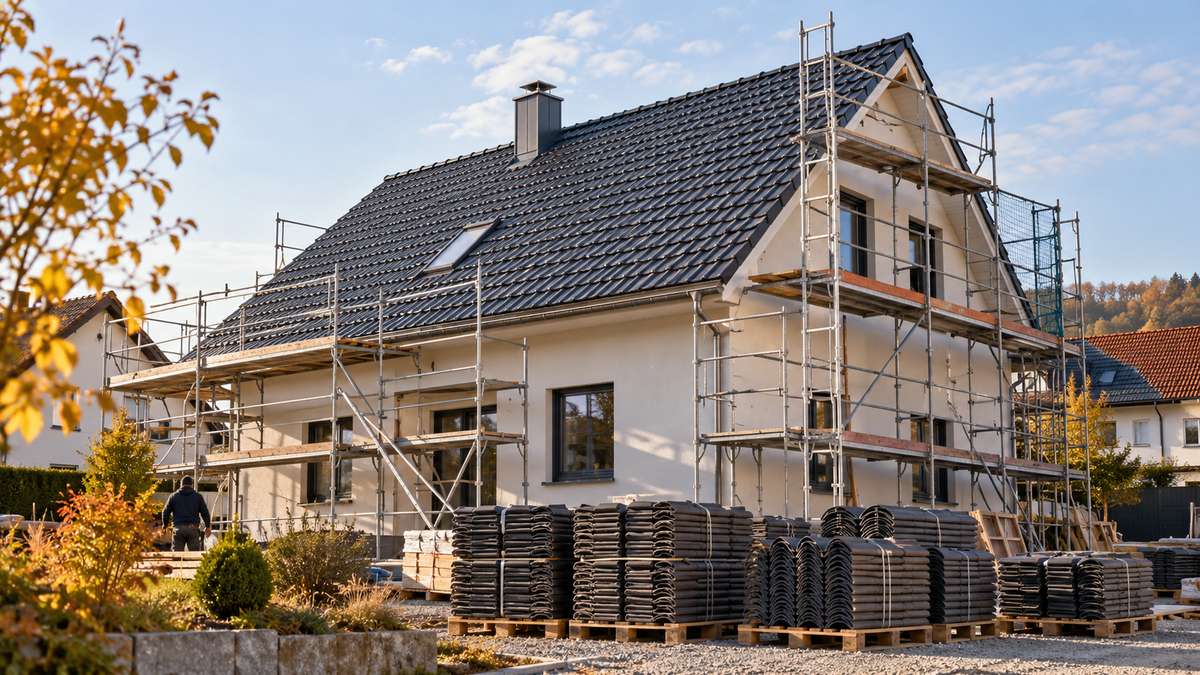 Einfamilienhaus mit neu eingedecktem Satteldach, Baugerüst und gestapelten Dachziegeln