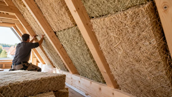 Holzfaser- und Hanfdämmmatten zwischen Dachsparren bei der Verlegung im Tageslicht