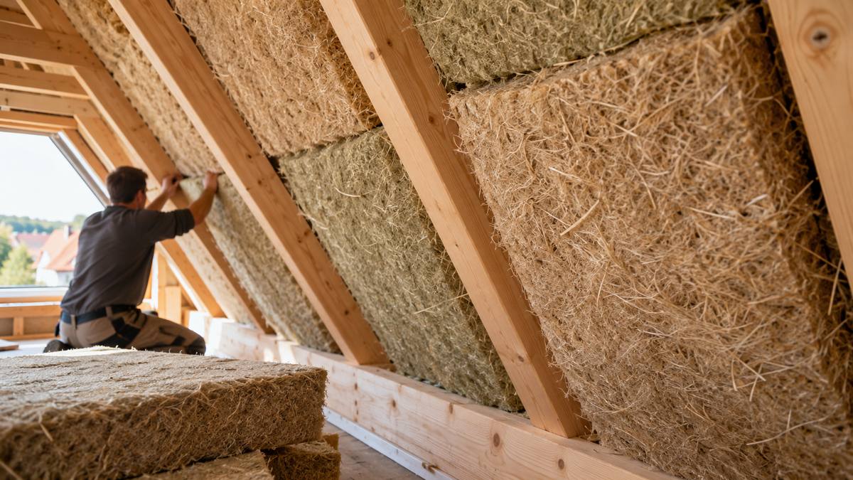 Holzfaser- und Hanfdämmmatten zwischen Dachsparren bei der Verlegung im Tageslicht